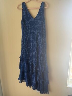 Silk Sleeveless V-Neck Blue Floral Ruffle Midi Dress